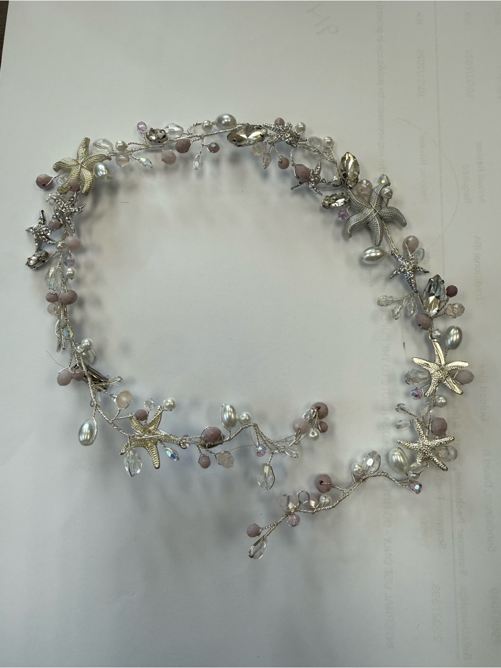 Delicate Silver Starfish Pearl Hair Vine with Pink Accent Beads